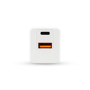 Compact USB-C wall charger, front view, studio shot on white background
