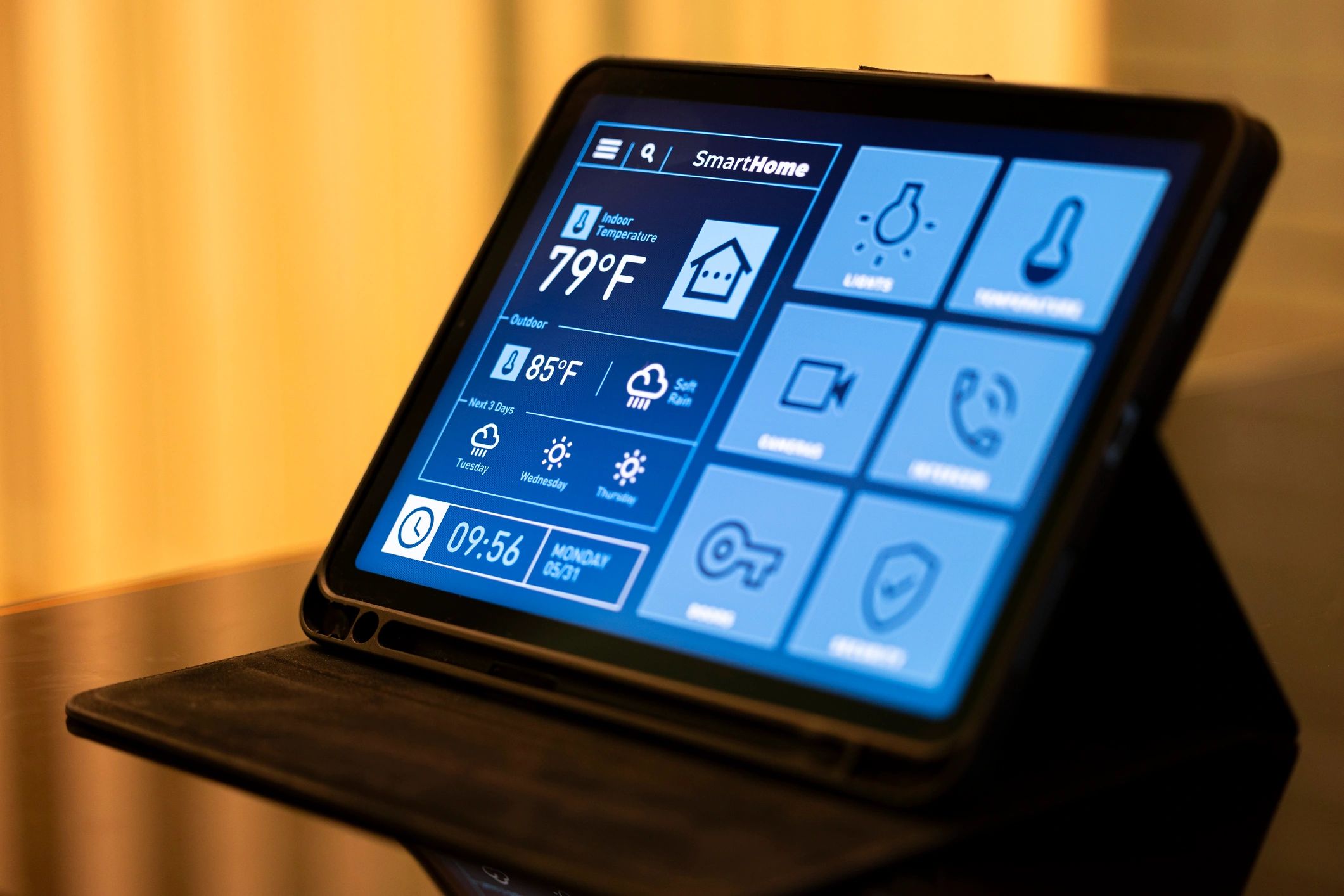Smart home control tablet in a modern living room